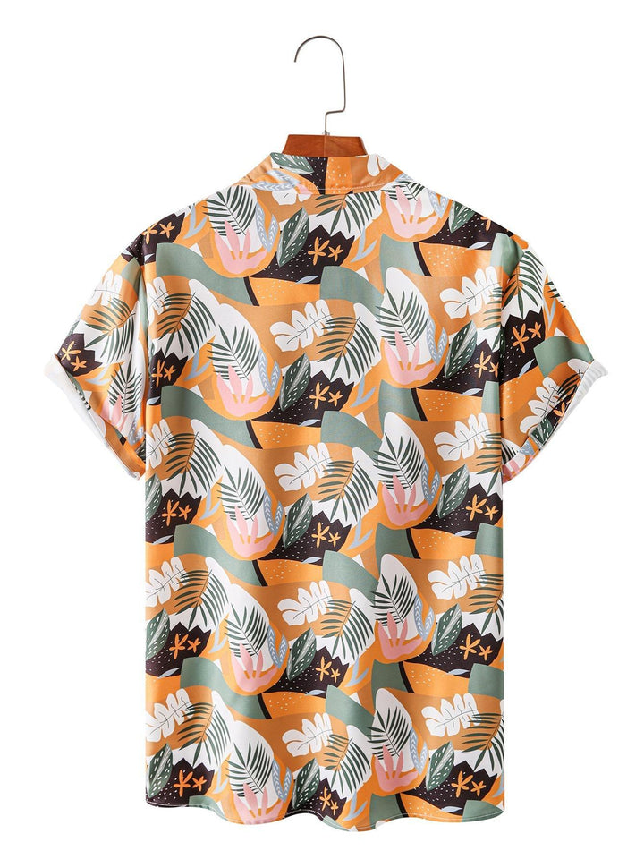 Tropical Leaves Abstract Pattern Vibrant Orange Green Design Short Sleeve Hawaiian Shirt  Back