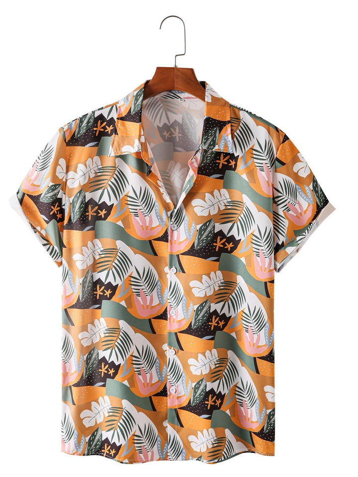 Tropical Leaves Abstract Pattern Vibrant Orange Green Design Short Sleeve Hawaiian Shirt  Front