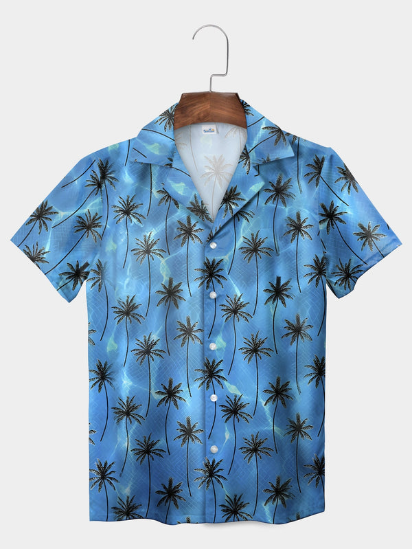 Blue Tropical Palm Trees Water Reflection Hawaiian Shirt