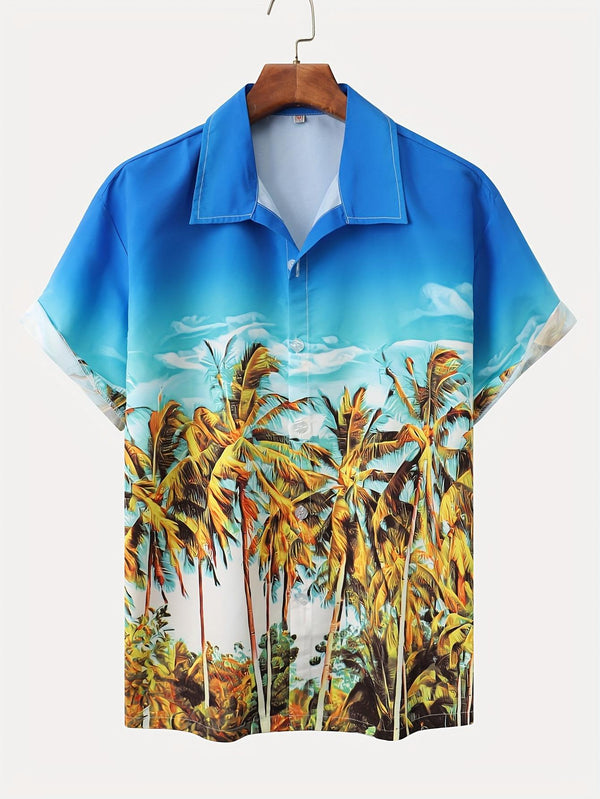 Tropical Paradise Coconut Palm Tree Short Sleeve Hawaiian Shirt  Front