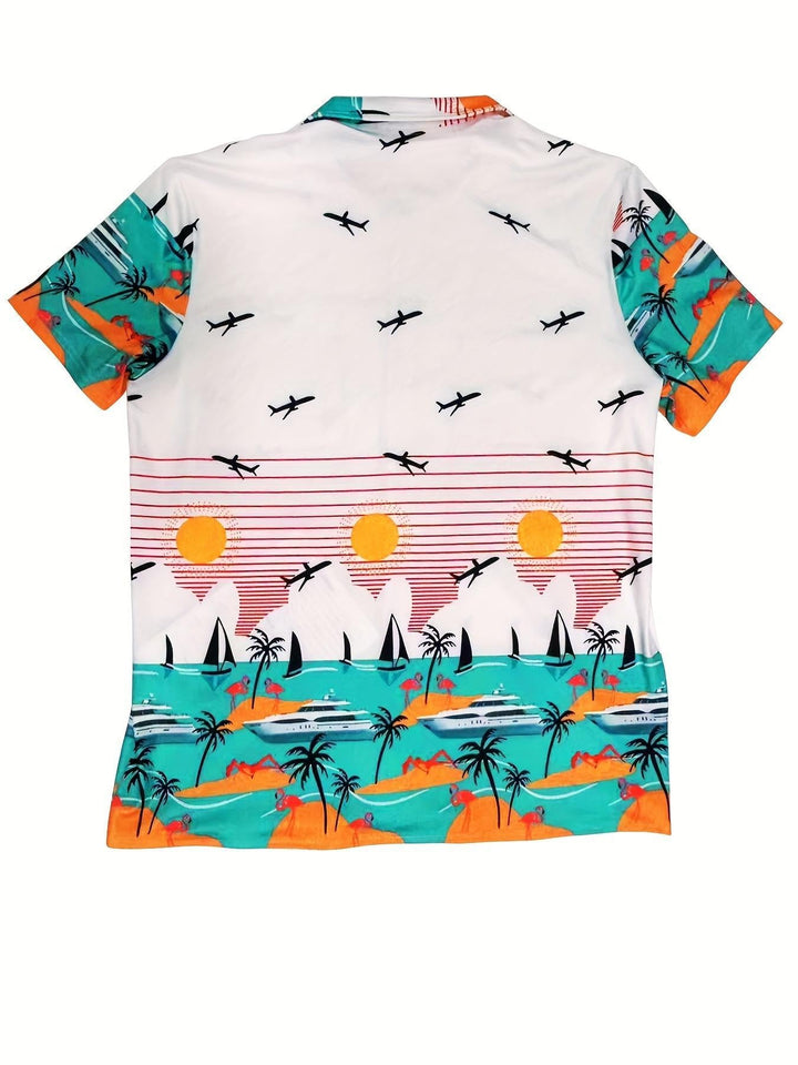 Tropical Paradise Flamingo And Airplane Print Short Sleeve Hawaiian Shirt  Back