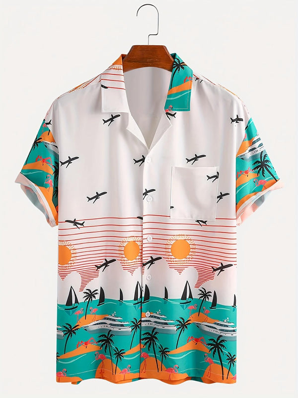 Tropical Paradise Flamingo And Airplane Print Short Sleeve Hawaiian Shirt  Front