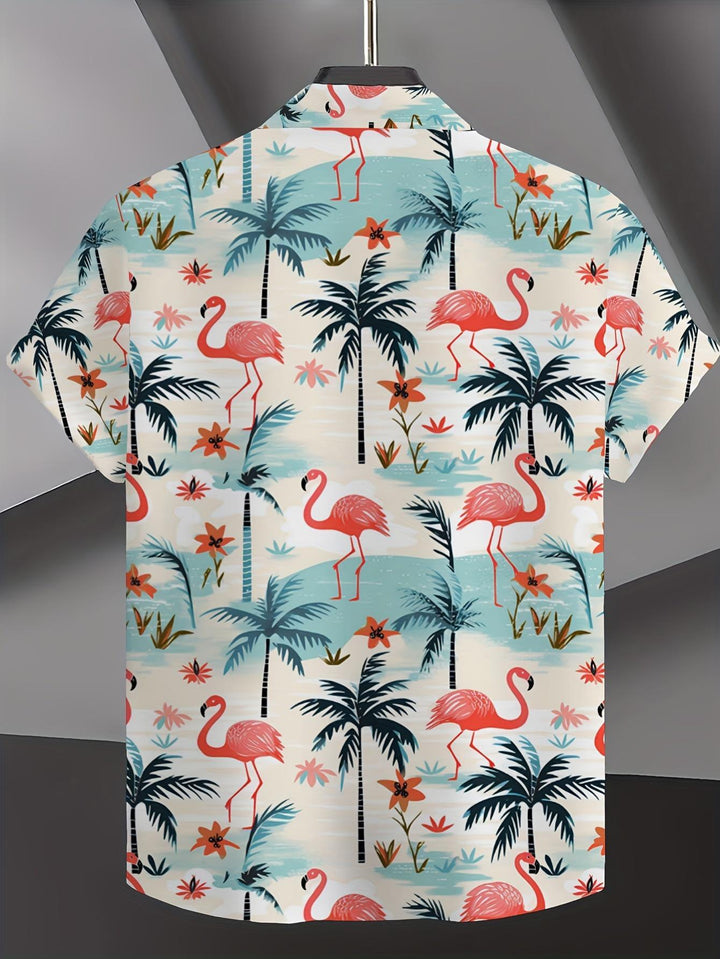 Tropical Paradise Flamingo And Palm Tree Short Sleeve Hawaiian Shirt  Back