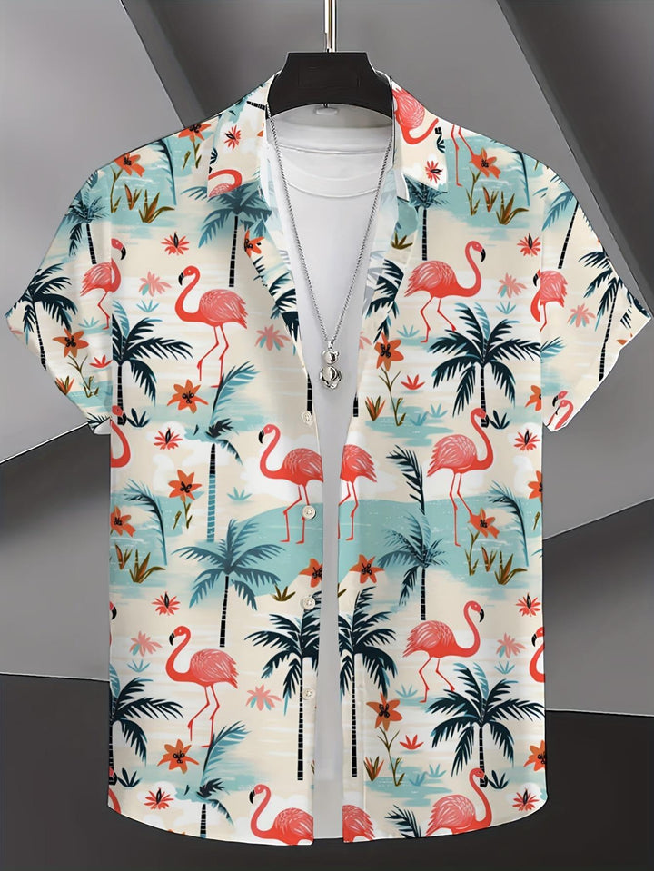 Tropical Paradise Flamingo And Palm Tree Short Sleeve Hawaiian Shirt  Front