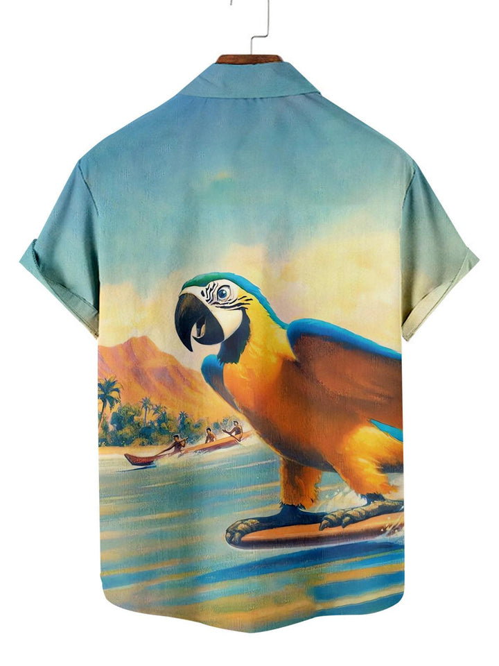 Tropical Parrot Surf Scene Hawaiian Short Sleeve Shirt Back