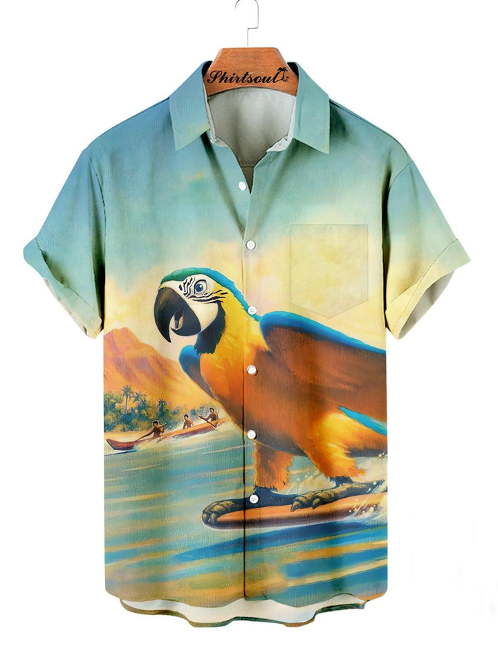 Tropical Parrot Surf Scene Hawaiian Short Sleeve Shirt Front