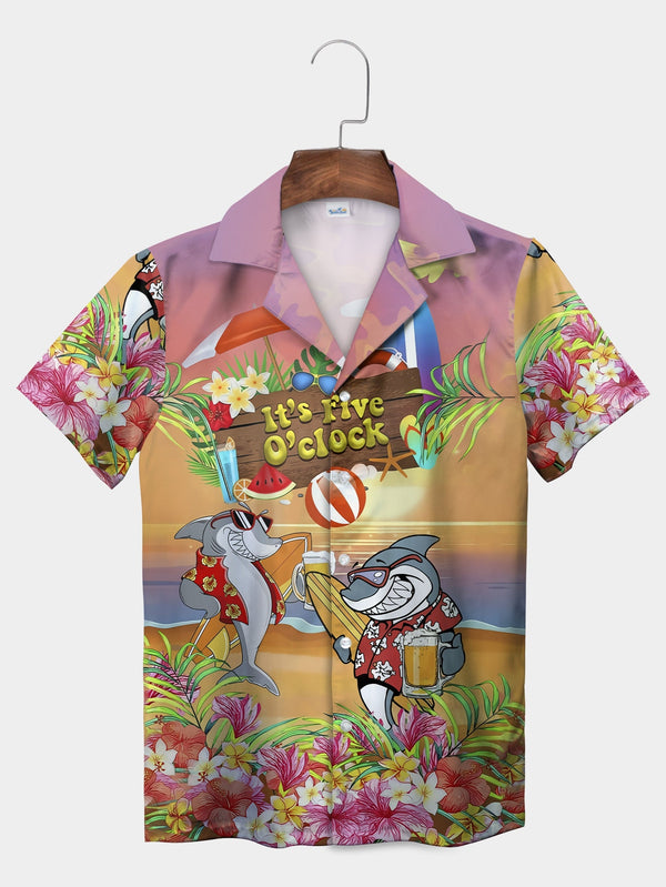 Orange Shark Beer Mug Surfer It's Five O'clock Hawaiian Shirt