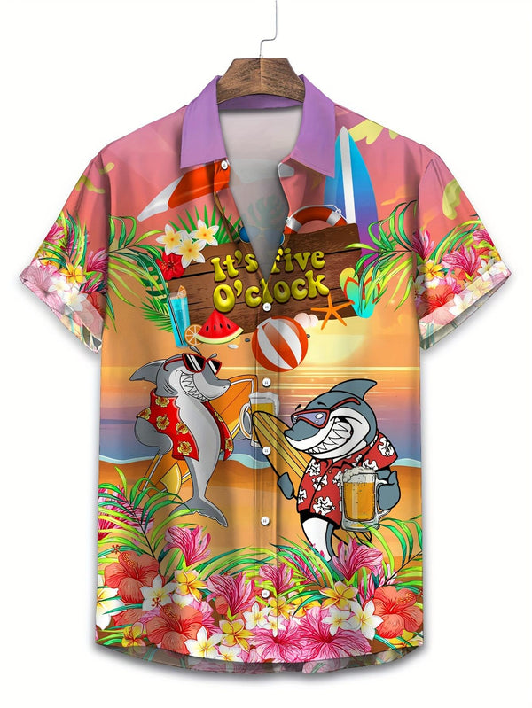 Tropical Shark Beer Mug Surfer Beach Party Festive It's Five O'clock Short Sleeve Hawaiian Shirt  Front