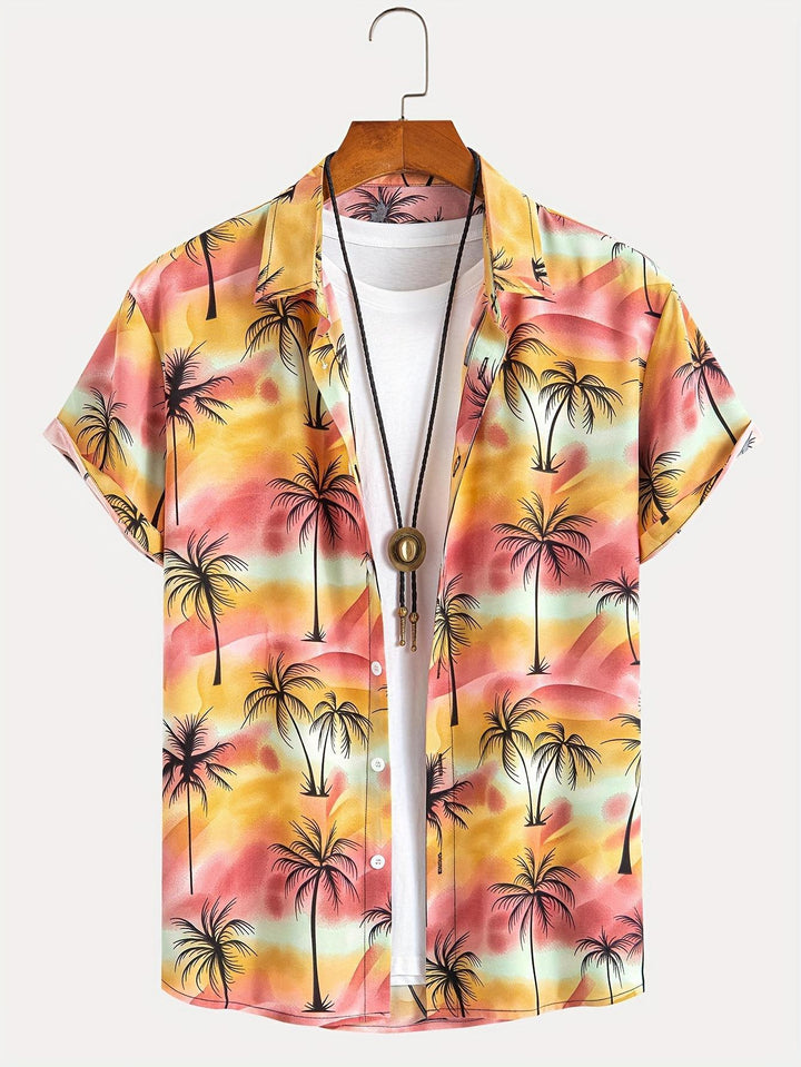 Tropical Sunset Palm Tree Silhouette Short Sleeve Hawaiian Shirt  Front