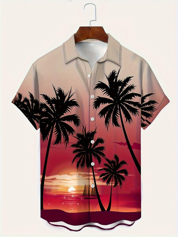 Tropical Sunset with Palm Trees Short Sleeve Hawaiian Shirt  Front