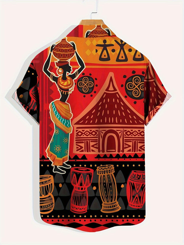 Vibrant African Tribal Mask And Drums Print Short Sleeve Hawaiian Shirt  Back