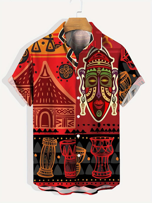 Vibrant African Tribal Mask And Drums Print Short Sleeve Hawaiian Shirt  Front