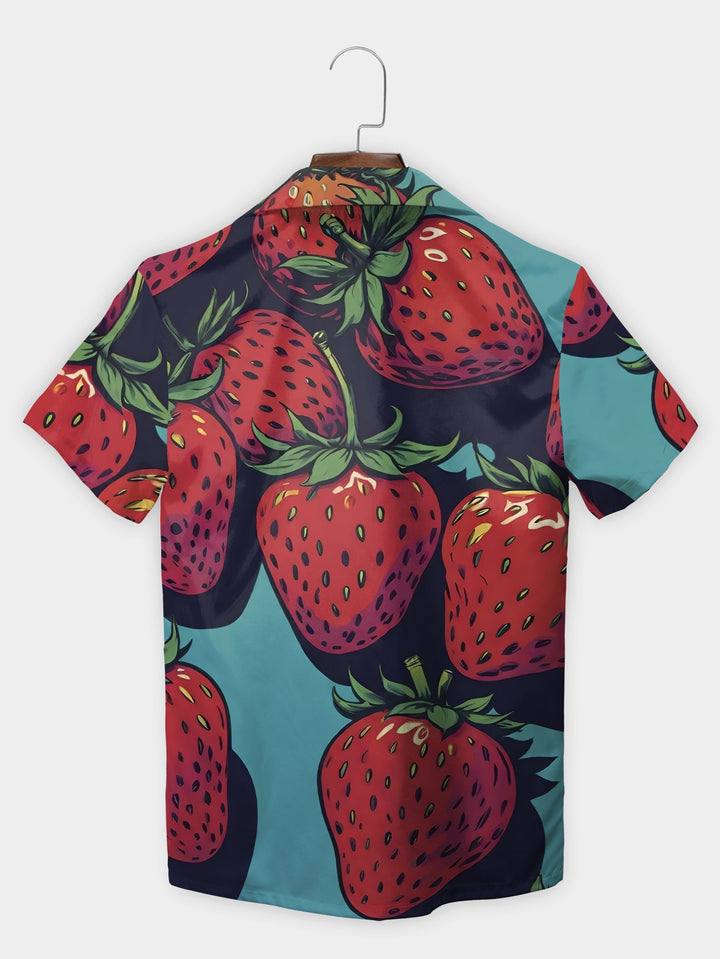 Vibrant Blue Strawberries Summer Fun Short Sleeve Hawaiian Shirt  Back