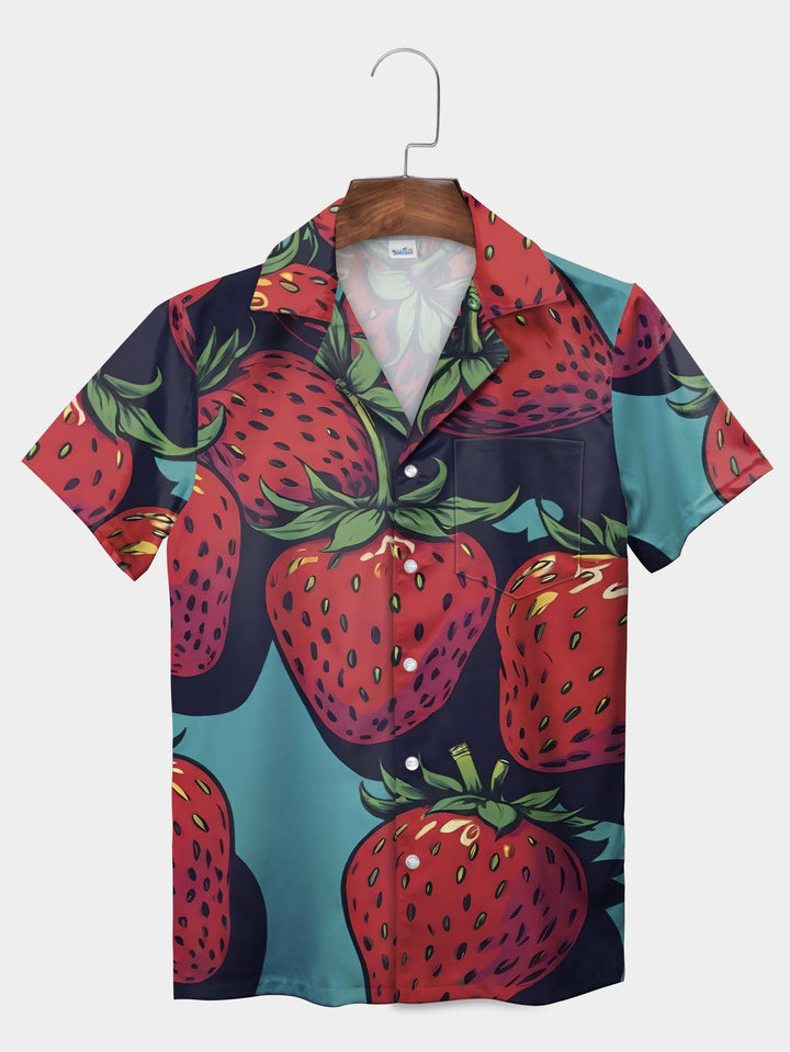 Vibrant Blue Strawberries Summer Fun Short Sleeve Hawaiian Shirt  Front