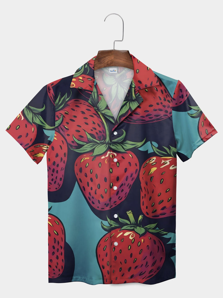 Vibrant Blue Strawberries Summer Fun Short Sleeve Hawaiian Shirt  Pocket