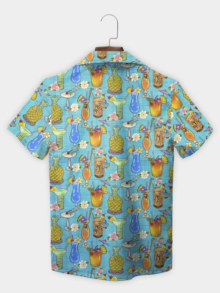 Vibrant Blue Tropical Cocktail Paradise Short Sleeve Hawaiian Shirt  Back