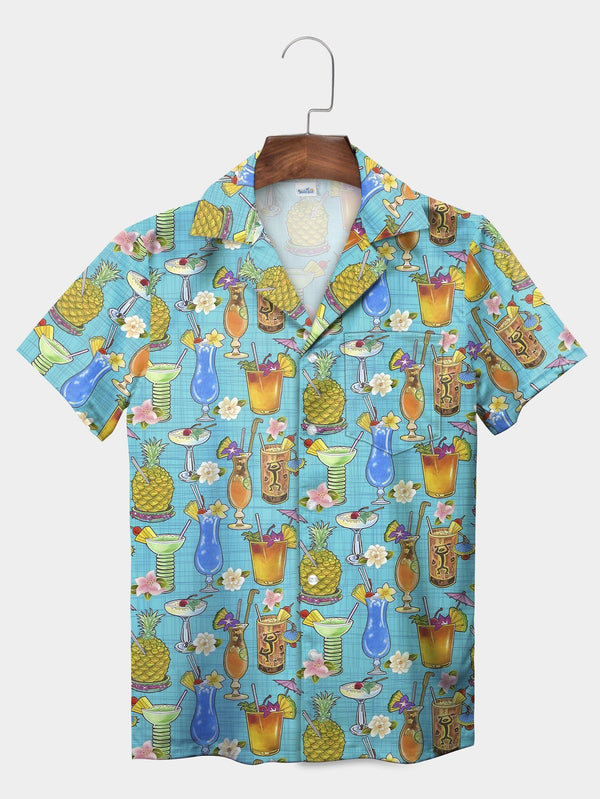 Vibrant Blue Tropical Cocktail Paradise Short Sleeve Hawaiian Shirt  Front