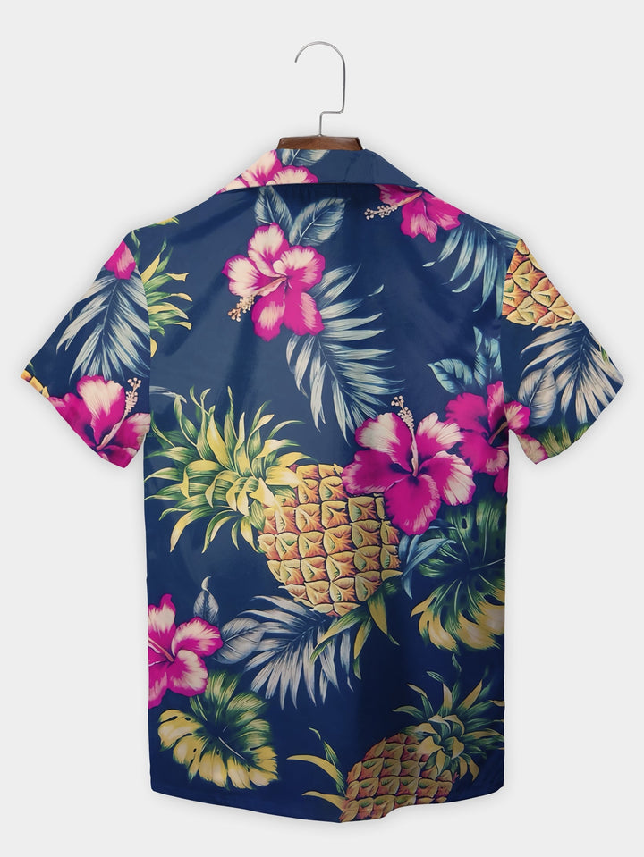 Vibrant Blue Tropical Pineapple Floral Short Sleeve Hawaiian Shirt  Back