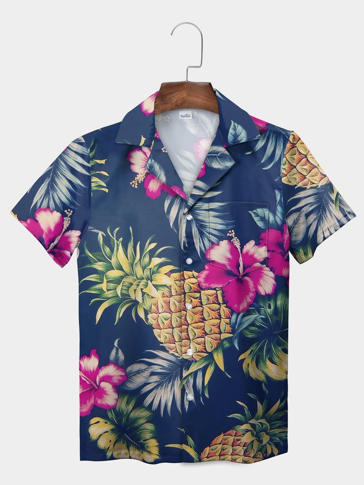 Vibrant Blue Tropical Pineapple Floral Short Sleeve Hawaiian Shirt  Front