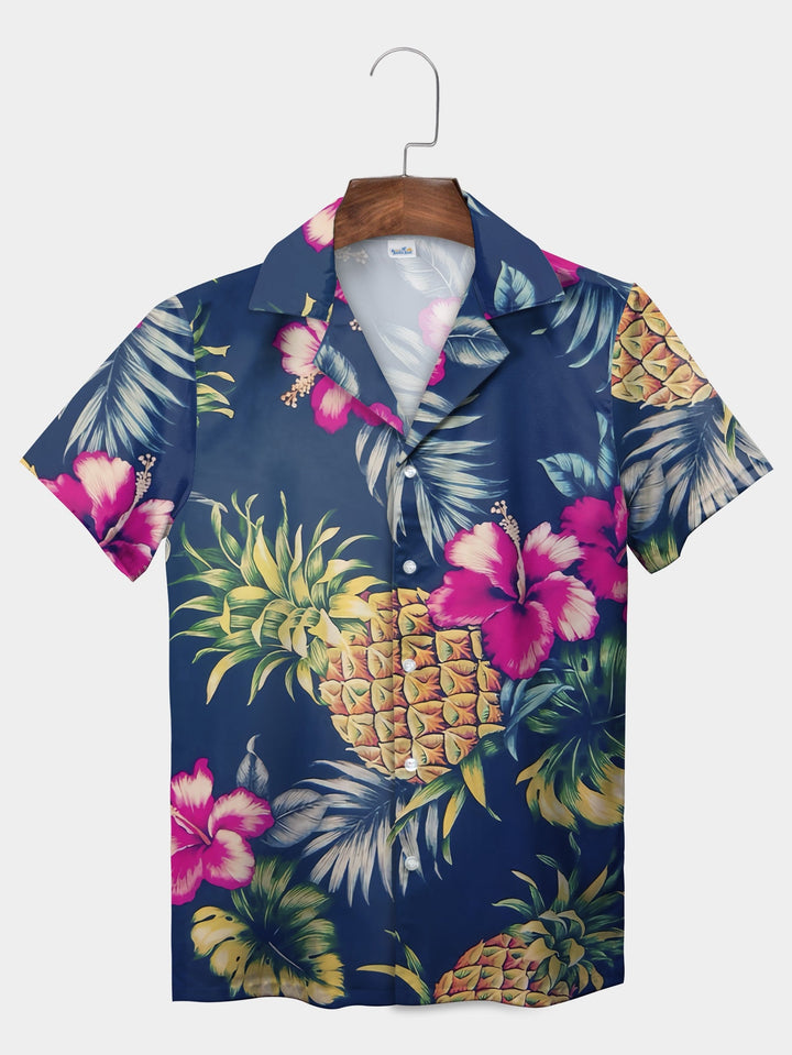 Vibrant Blue Tropical Pineapple Floral Short Sleeve Hawaiian Shirt  Pocket