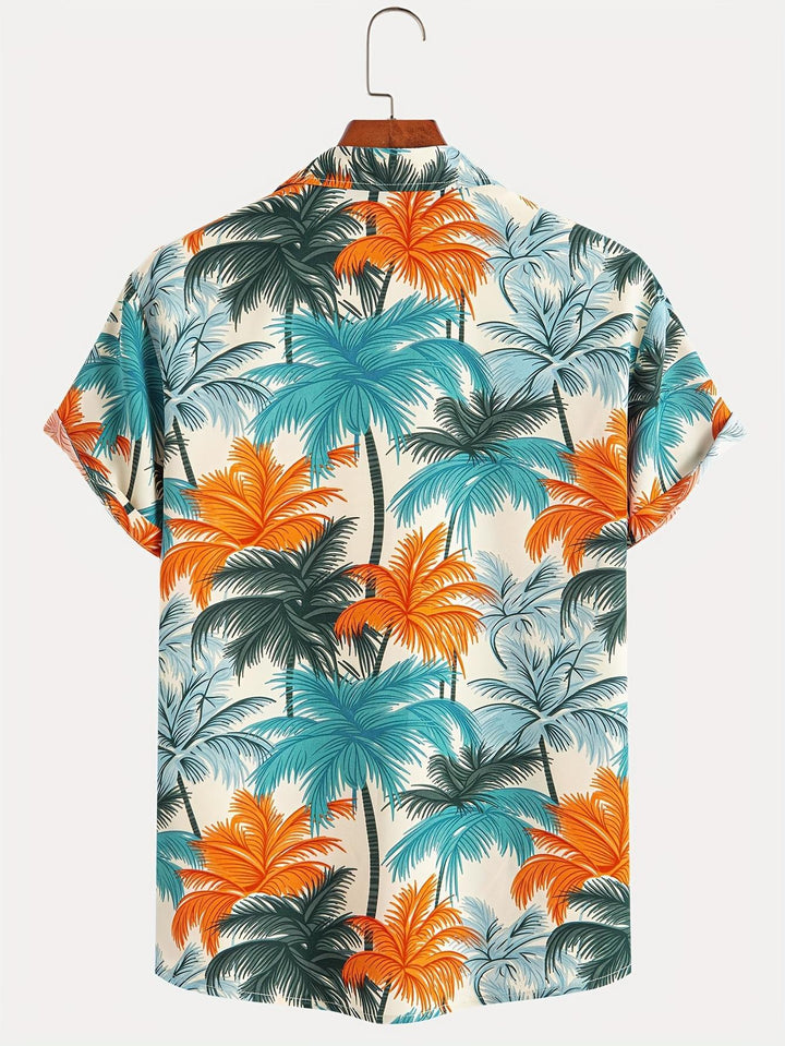 Vibrant Orange And Teal Coconut Tree Short Sleeve Hawaiian Shirt  Back