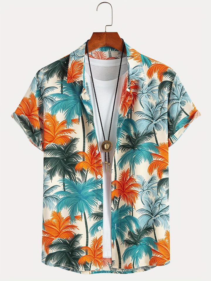 Vibrant Orange And Teal Coconut Tree Short Sleeve Hawaiian Shirt  Front