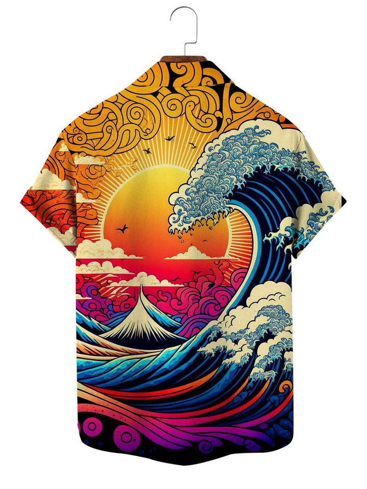 Vibrant Oriental Waves Hawaiian Short Sleeve Shirt Back