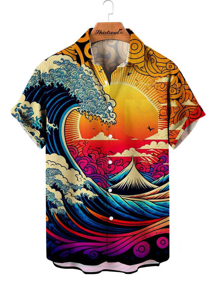 Vibrant Oriental Waves Hawaiian Short Sleeve Shirt Front