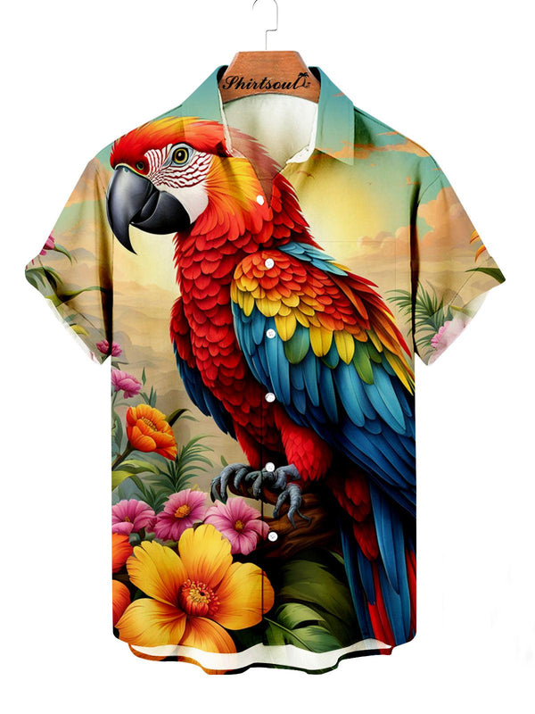 Vibrant Parrot Tropical Hawaiian Short Sleeve Shirt Front