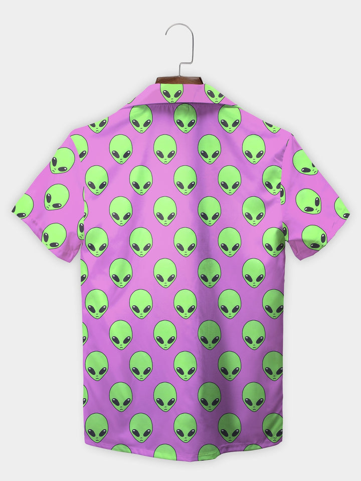 Vibrant Pink Alien Face Extravaganza Short Sleeve Hawaiian Shirt  Back