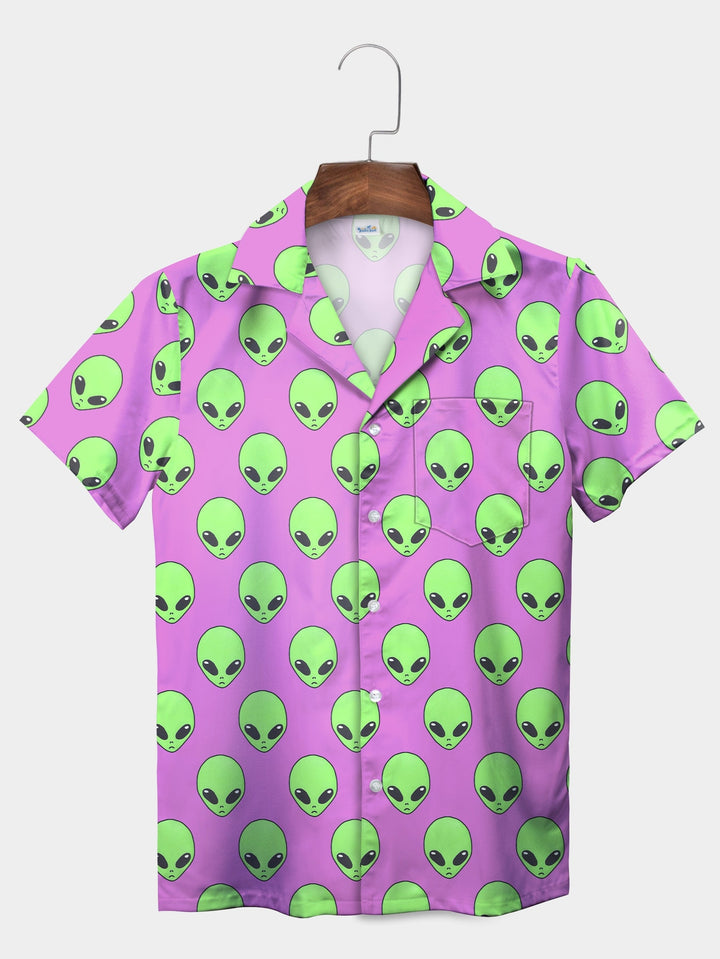 Vibrant Pink Alien Face Extravaganza Short Sleeve Hawaiian Shirt  Front