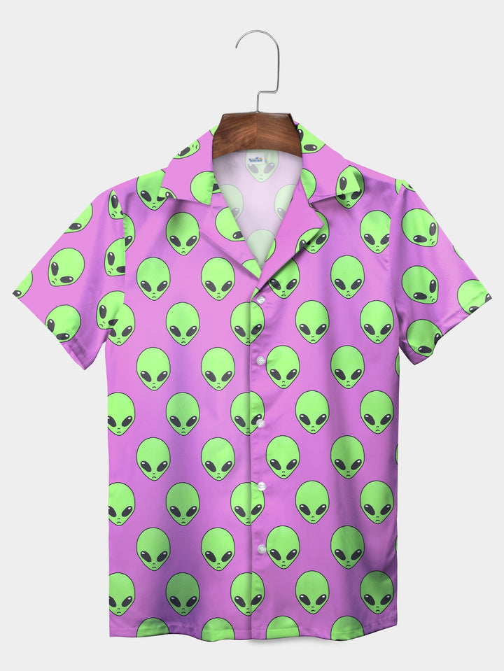 Vibrant Pink Alien Face Extravaganza Short Sleeve Hawaiian Shirt  Pocket