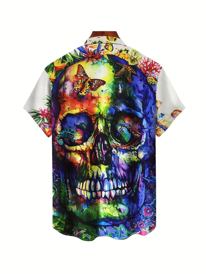 Vibrant Tropical Skull with Floral and Wildlife Accents Artistic Design Short Sleeve Hawaiian Shirt  Back