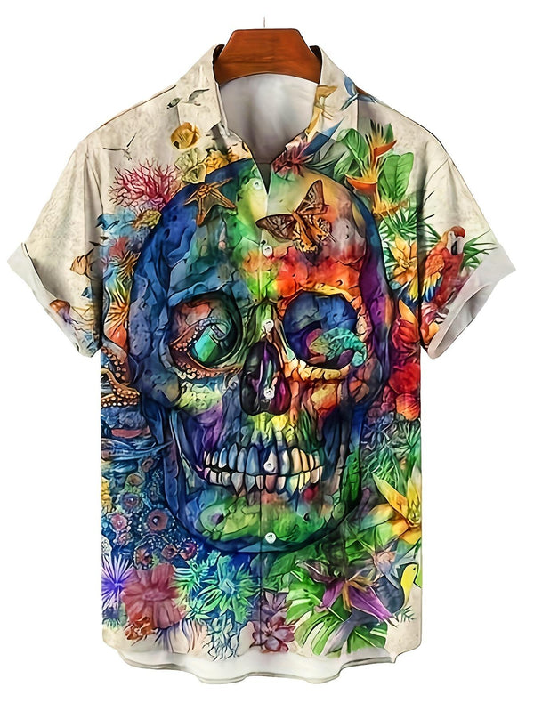 Vibrant Tropical Skull with Floral and Wildlife Accents Artistic Design Short Sleeve Hawaiian Shirt  Front