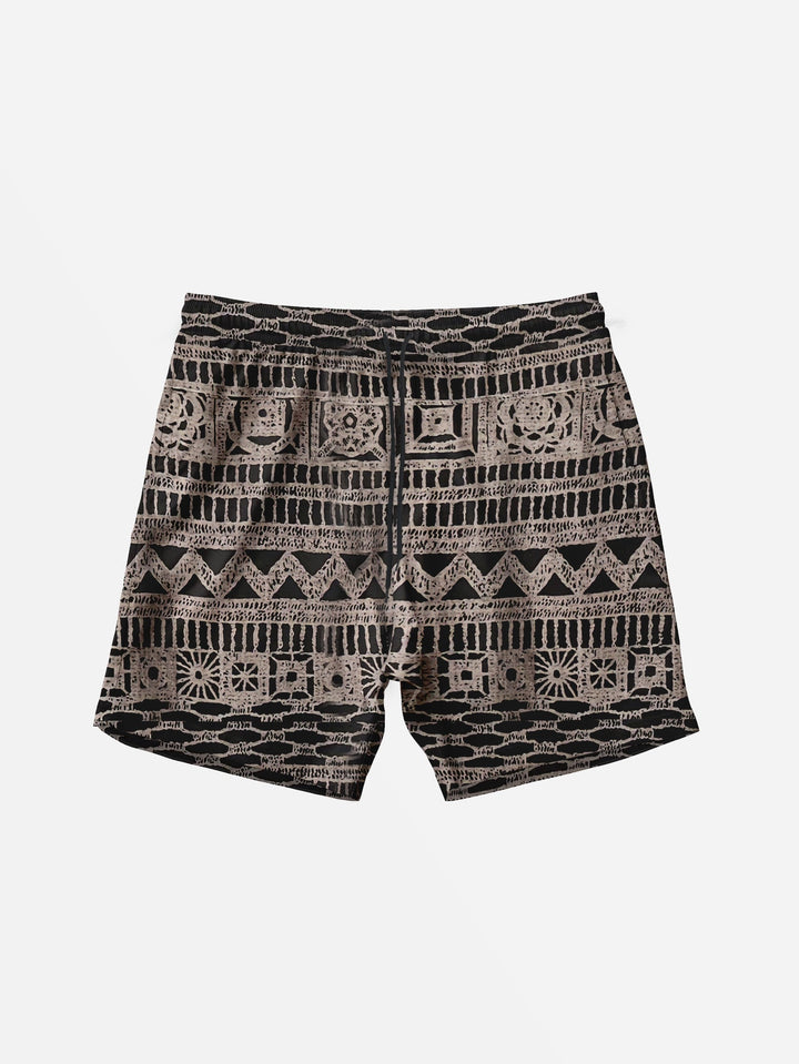 Brown Warm Khaki Geometric Beach Shorts  Front