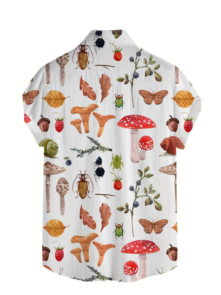 Whimsical Forest Mushroom And Insect Print Short Sleeve Hawaiian Shirt  Back