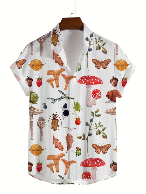 Whimsical Forest Mushroom And Insect Print Short Sleeve Hawaiian Shirt  Front