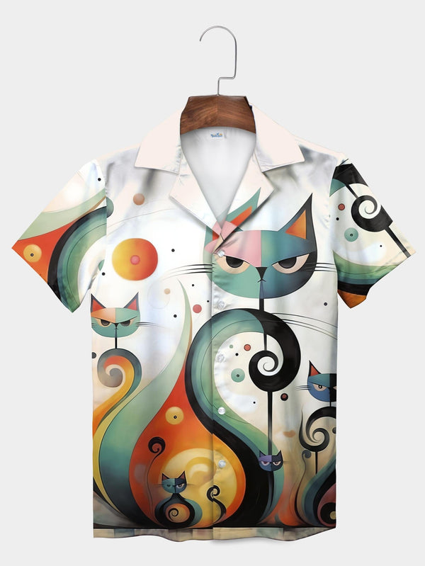 White Abstract Cat Art Graphic Unique Style Short Sleeve Aloha Shirt  Front