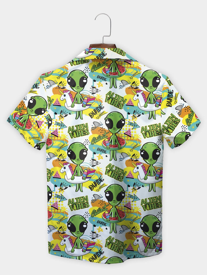 White Alien Cartoon Adventure Extravaganza Short Sleeve Hawaiian Shirt  Back