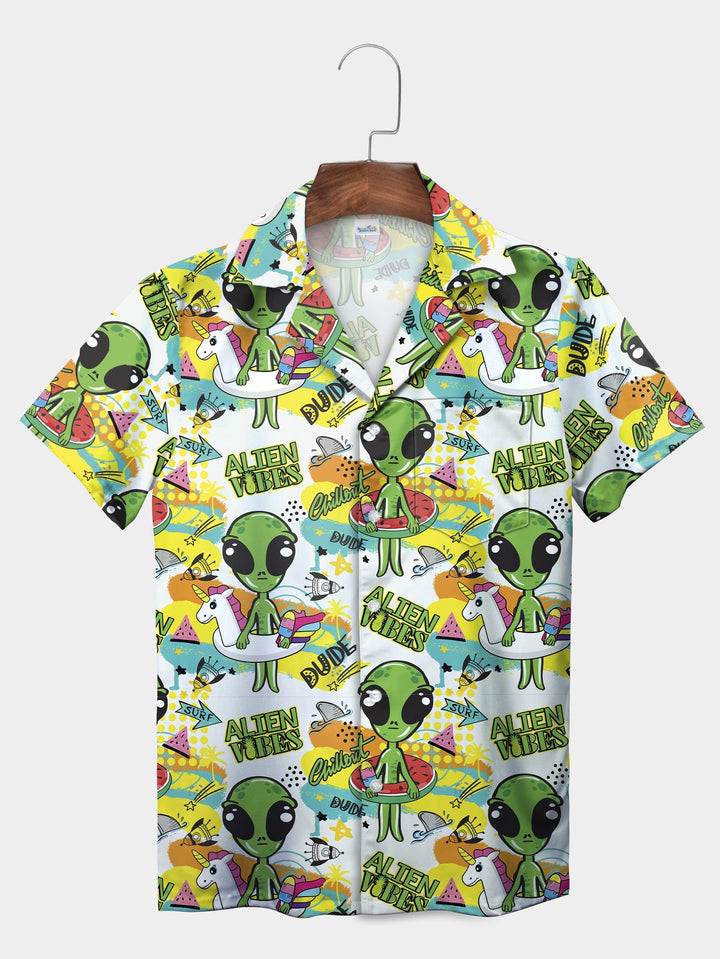 White Alien Cartoon Adventure Extravaganza Short Sleeve Hawaiian Shirt  Front