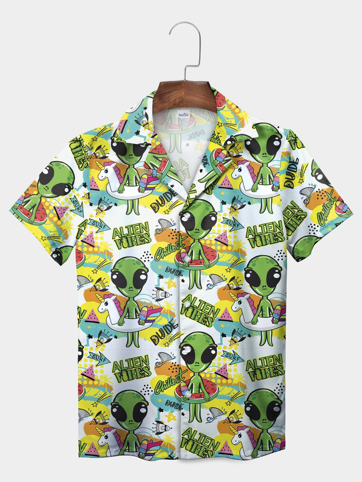 White Alien Cartoon Adventure Extravaganza Short Sleeve Hawaiian Shirt  Pocket