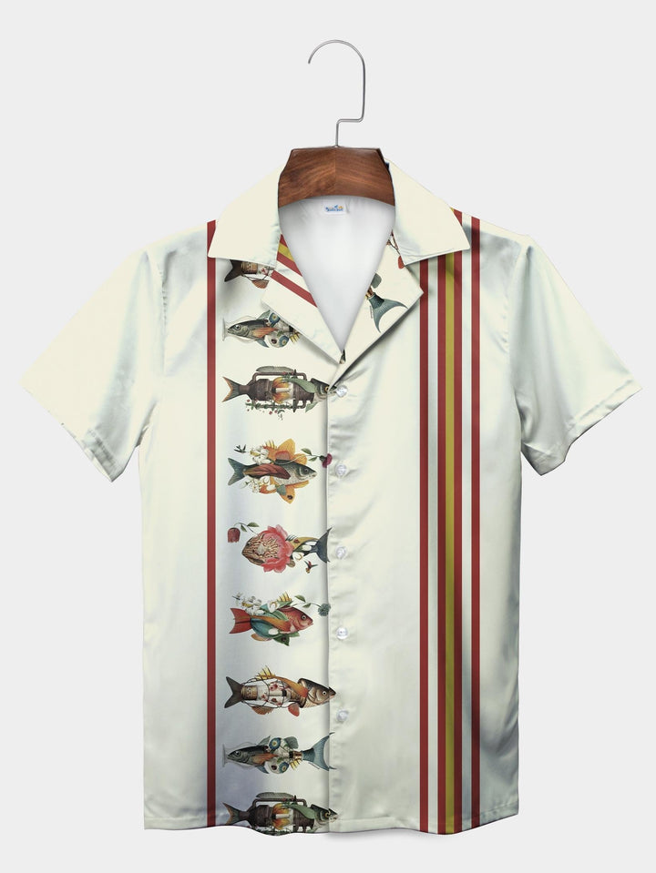 White Artistic Fish Vertical Stripe Short Sleeve Aloha Shirt  Front