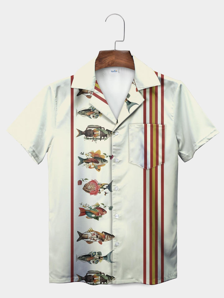 White Artistic Fish Vertical Stripe Short Sleeve Aloha Shirt  Pocket