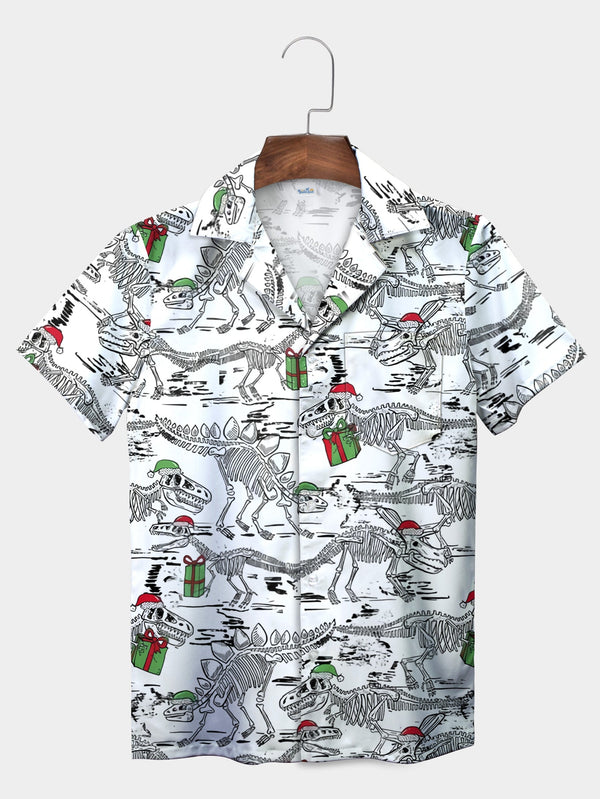 White Christmas Dinosaur Skeleton Gifts Short Sleeve Hawaiian Shirt  Front