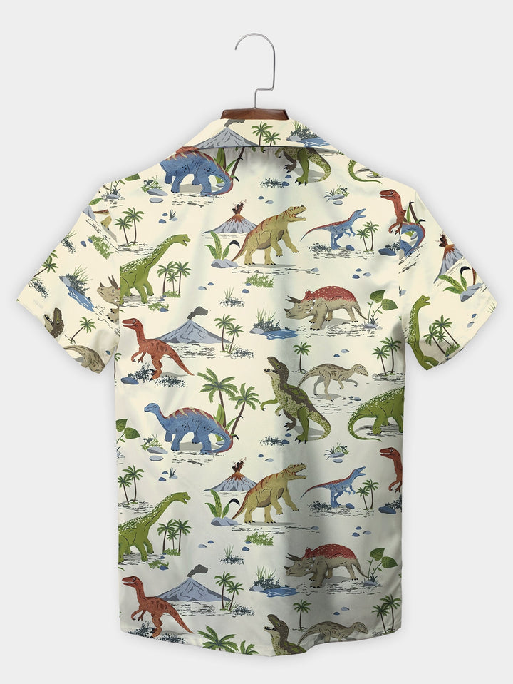 White Dinosaur Jungle Adventure Theme Short Sleeve Hawaiian Shirt  Back