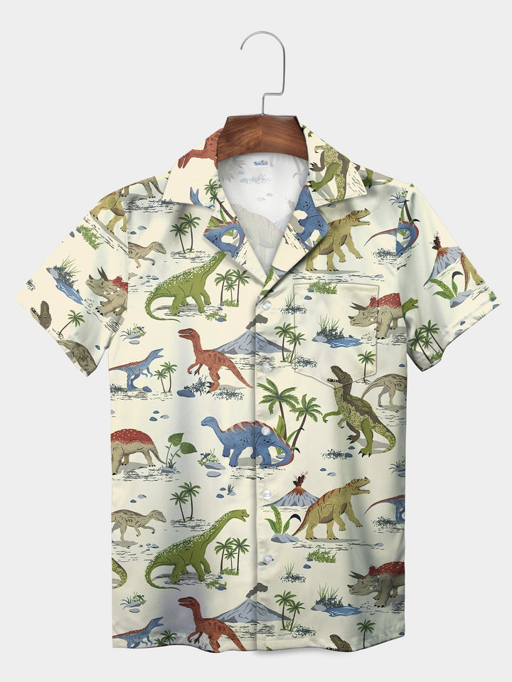 White Dinosaur Jungle Adventure Theme Short Sleeve Hawaiian Shirt  Front