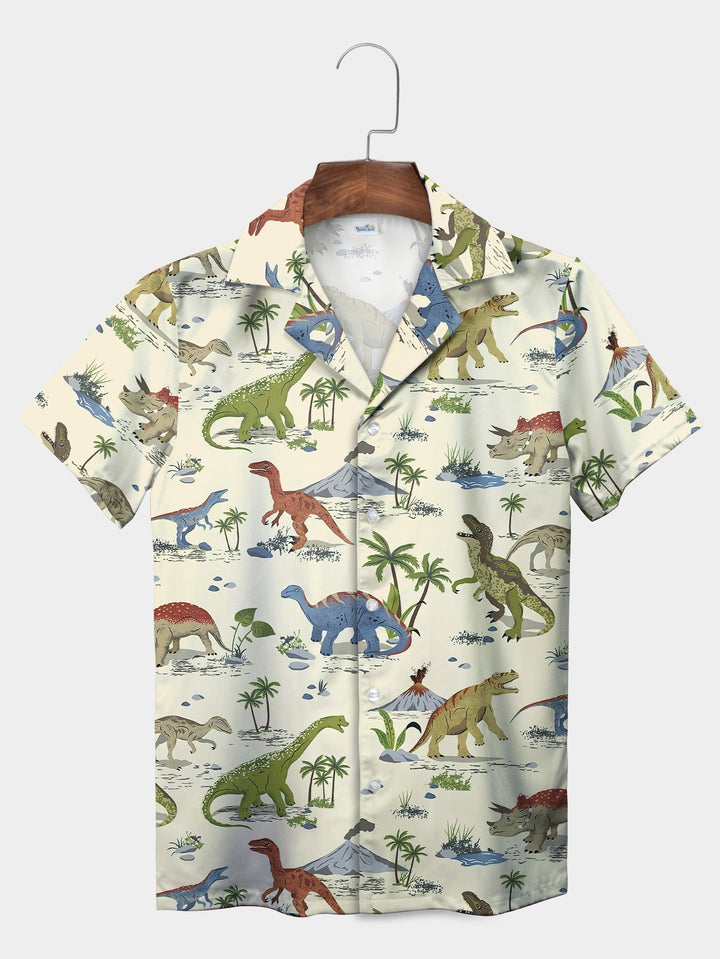 White Dinosaur Jungle Adventure Theme Short Sleeve Hawaiian Shirt  Pocket