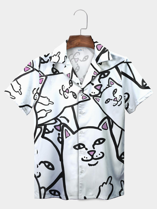 White Funny Cat Middle Finger Doodle Art Short Sleeve Aloha Shirt  Front