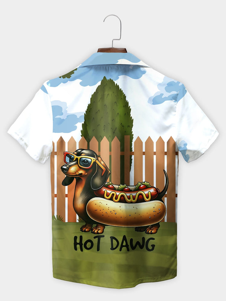 White Hot Dog Costume Funny Dachshund Design Short Sleeve Hawaiian Shirt  Back