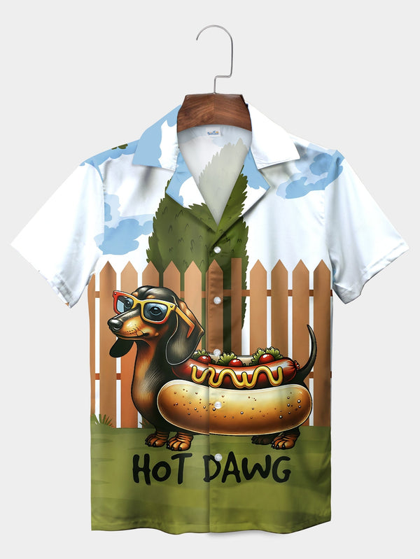 White Hot Dog Costume Funny Dachshund Design Short Sleeve Hawaiian Shirt  Front